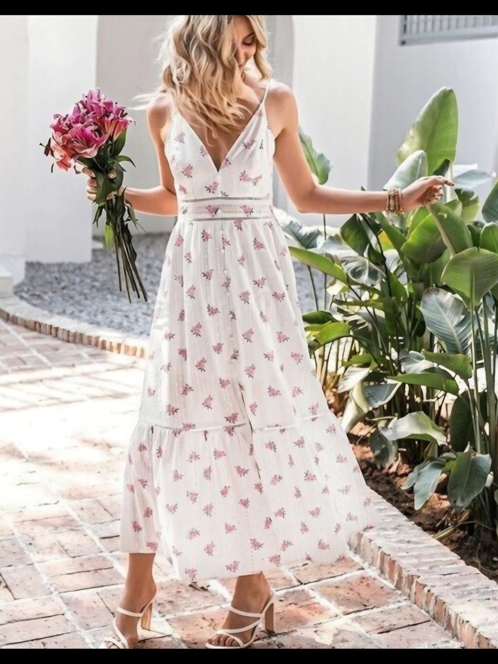 Simplee Apparel White Floral Maxi Dress with Pink Blossoms